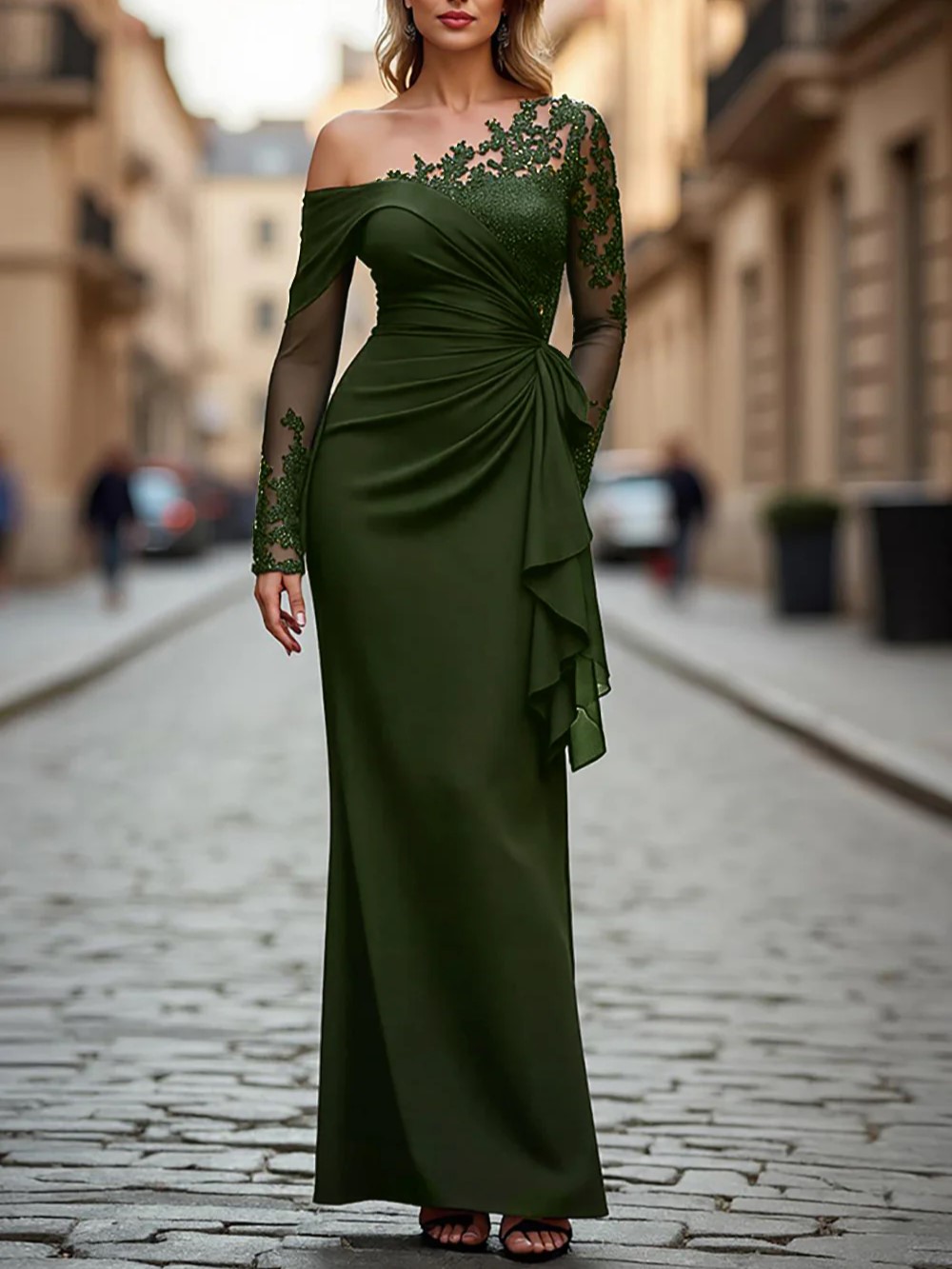 Black Appliques Ruched One Shoulder Long Sleeves Maxi Dress