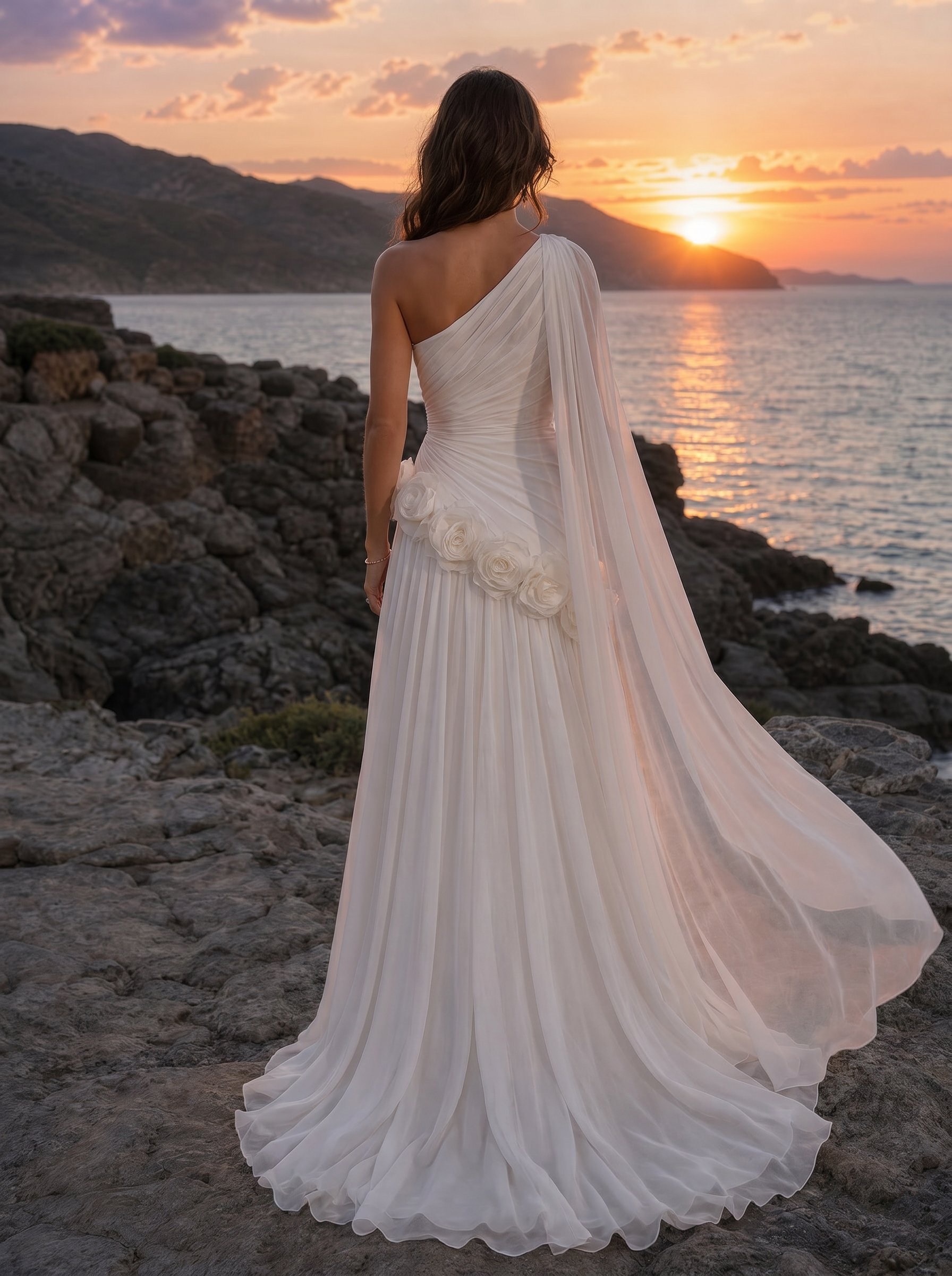 Ivory One Shoulder Cape Drape 3D Floral Maxi Dress