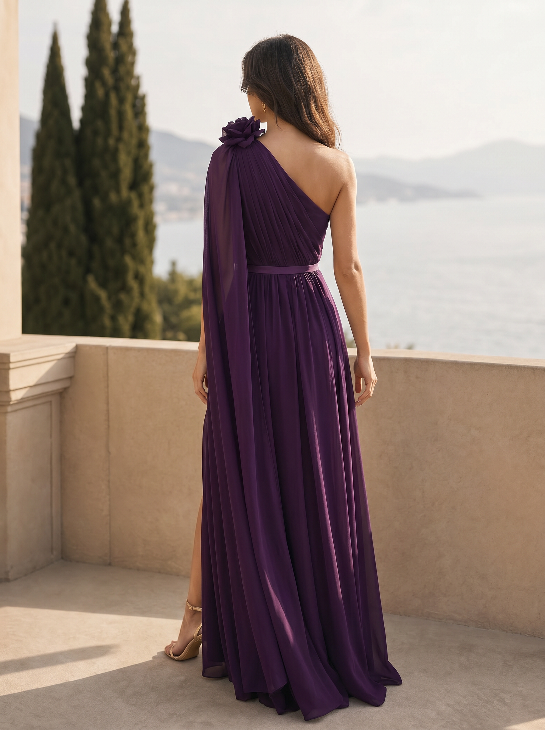 Deep Purple One Shoulder Cape 3D Floral Slit Maxi Dress