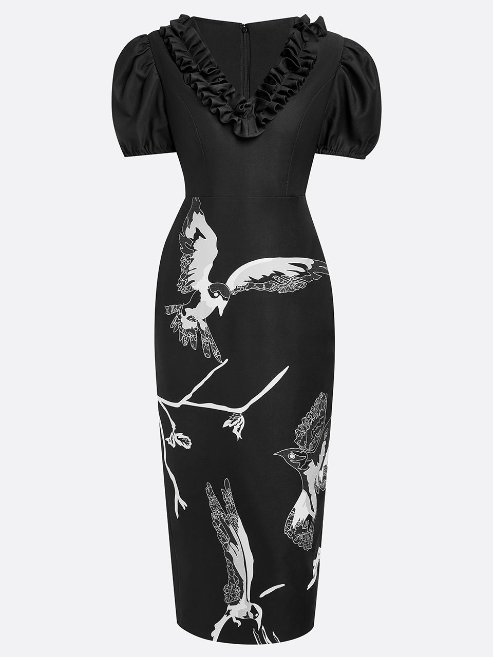 Black Folds V Neck Puff Sleeve Midi Sheath Dress