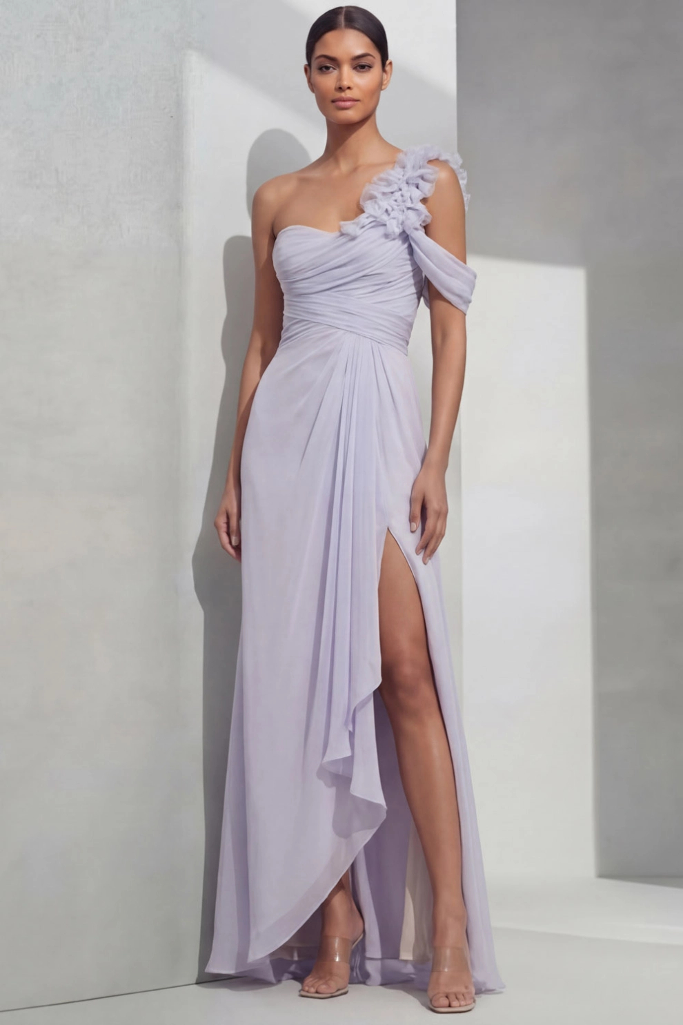 Lilac A-Line One Shoulder Chiffon Maxi Dress