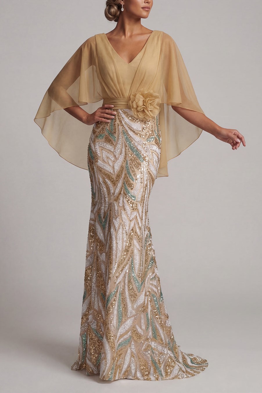 Sparkly Champagne Mermaid Sequins Floral with Cape Maxi Dress