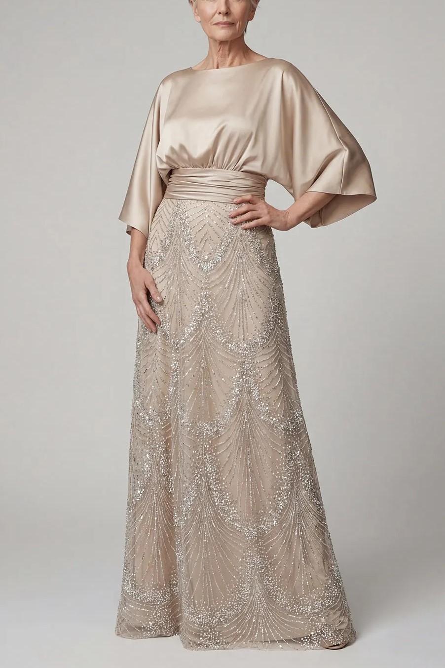 Sparkly A Line Champagne Boat Neck Beaded Maxi Dress