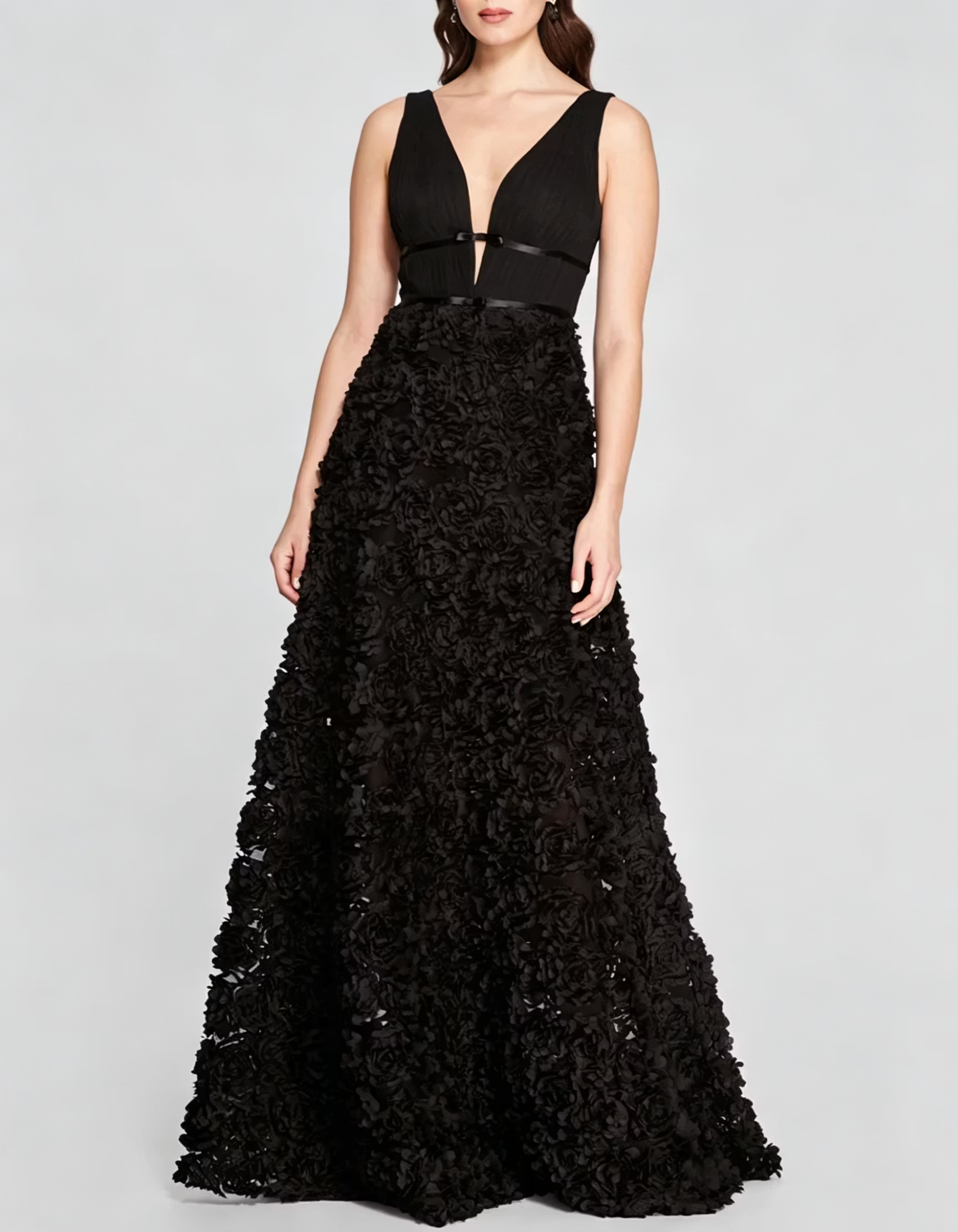 Black Chiffon Floral Mesh Fitted Waist A-line Maxi Dress