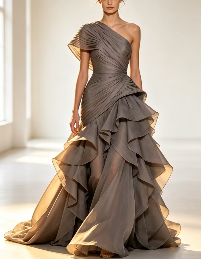 Grey One-Shoulder Pleated Organza Maxi Dress with Tiered Ruffle Skirt