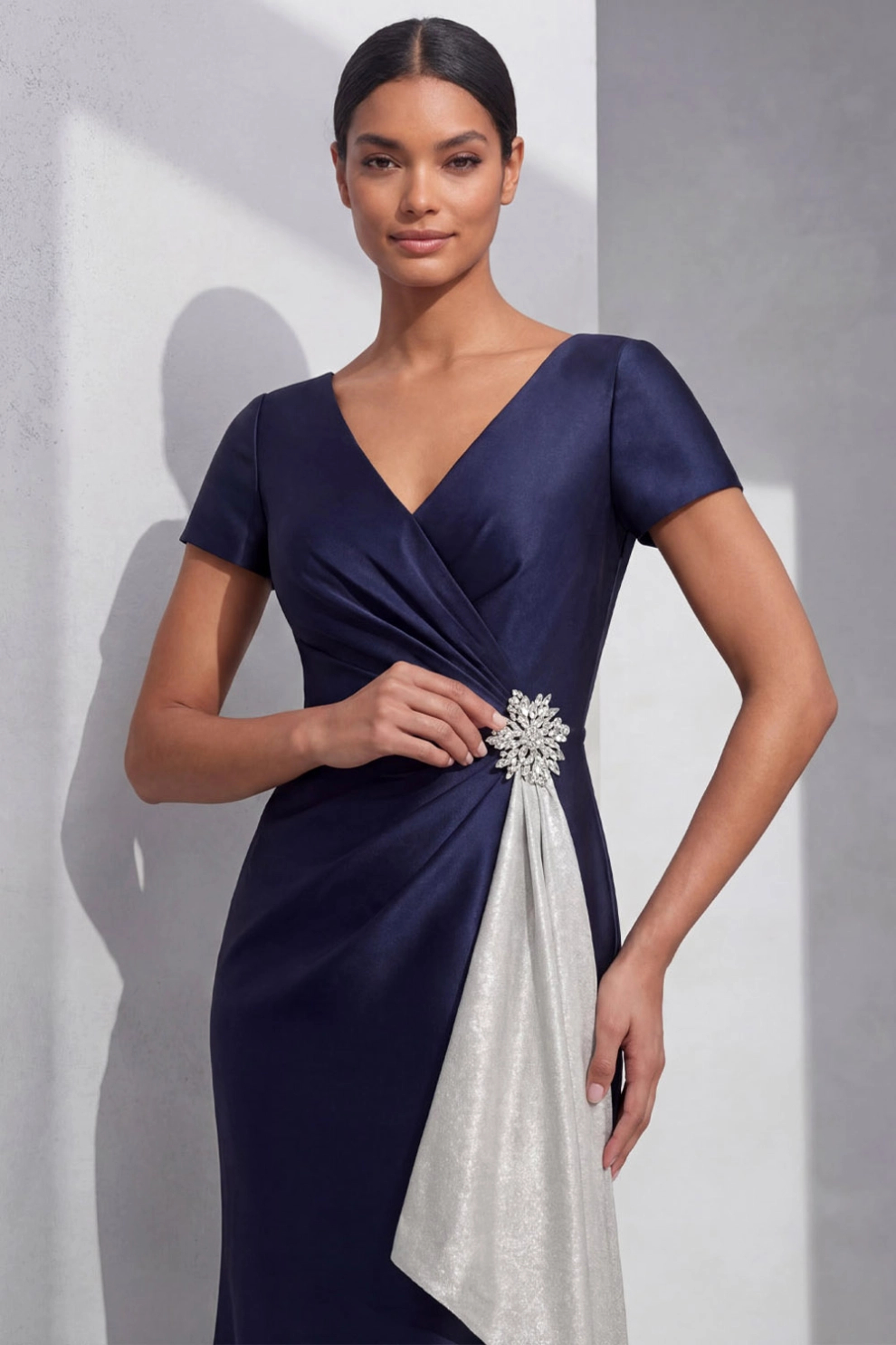 Navy Blue Mermaid V-Neck with Ruffle Maxi Dress