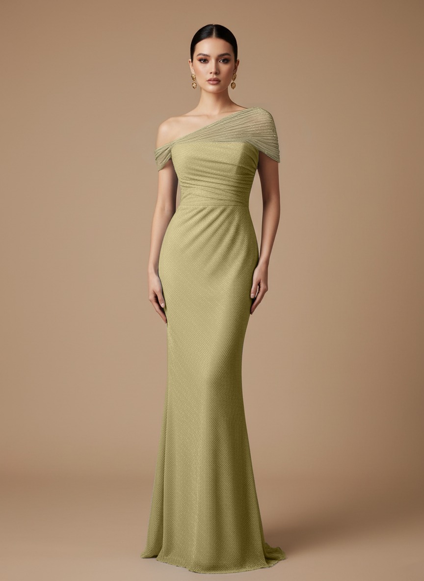 Evening Prom Light Blue Gown One Shoulder Glitter Ruched Maxi Dress