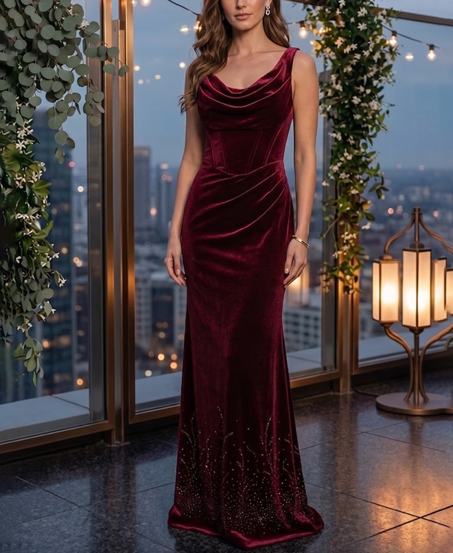 Wine Red Velvet Cowl Neck Corset Evening Dress with Beaded Hem