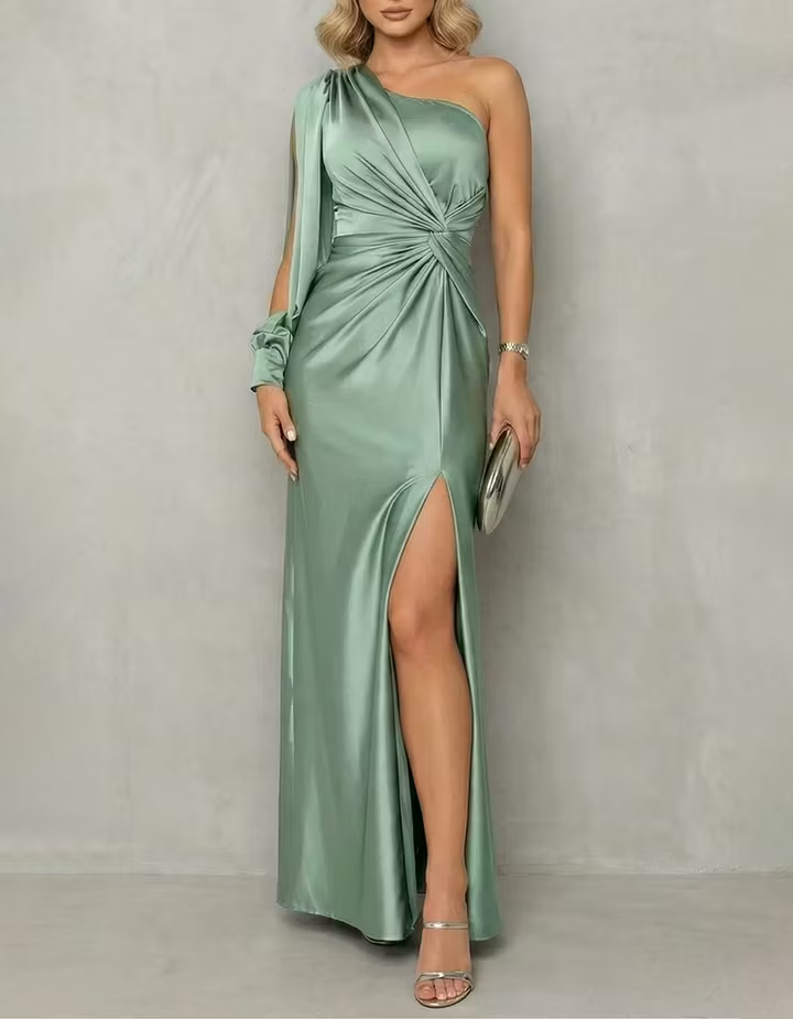 Satin One-Shoulder Hollow-Out Puff Sleeve Slit Maxi Dress