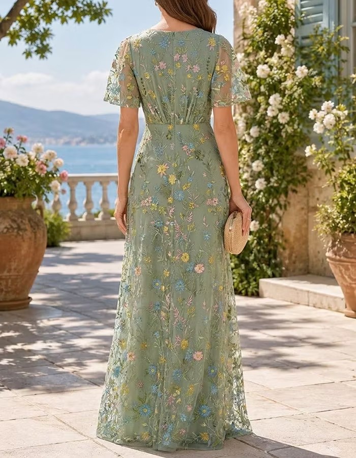 Sage Green Round Neck Flutter Sleeve Floral Embroidery Tulle Maxi Dress
