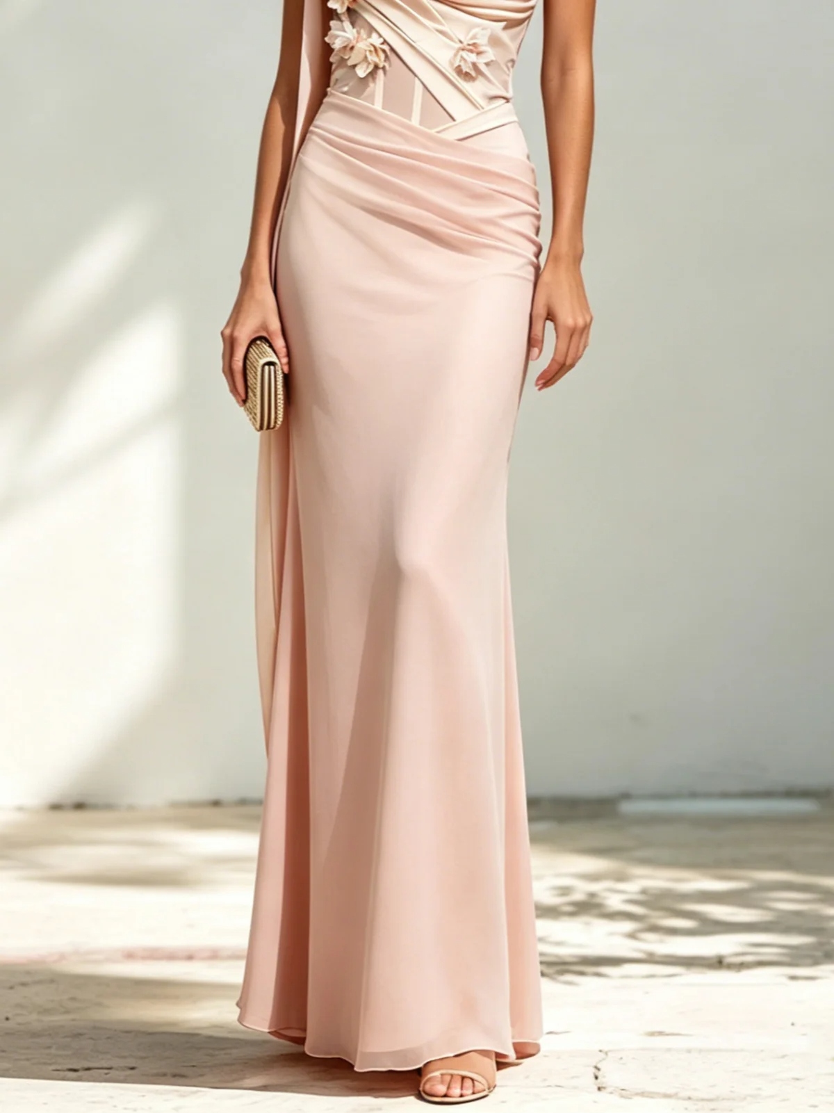 Pink 3D Floral Classic One Shoulder Sleeveless Sheath Floor-length Gown Dress