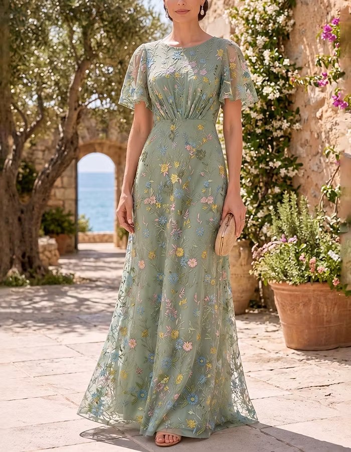 Sage Green Round Neck Flutter Sleeve Floral Embroidery Tulle Maxi Dress