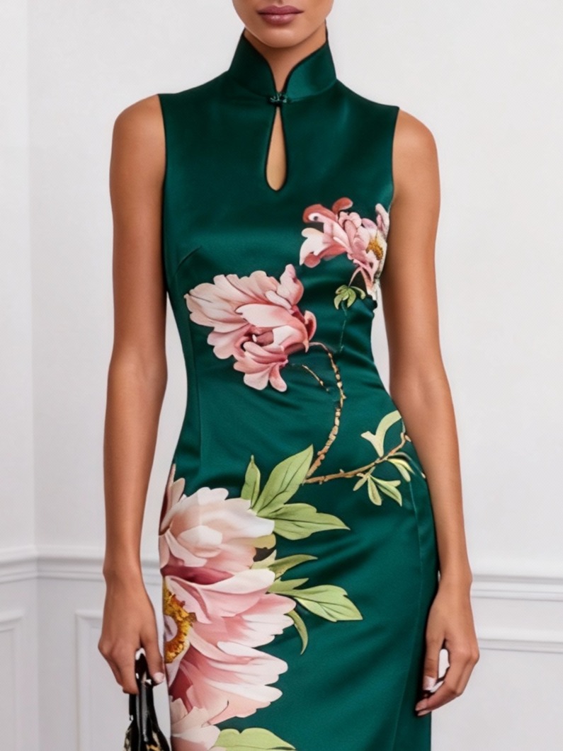 Dark Green Floral Hollow Out Satin Stand Collar Sleeveless Mermaid Gown Dress