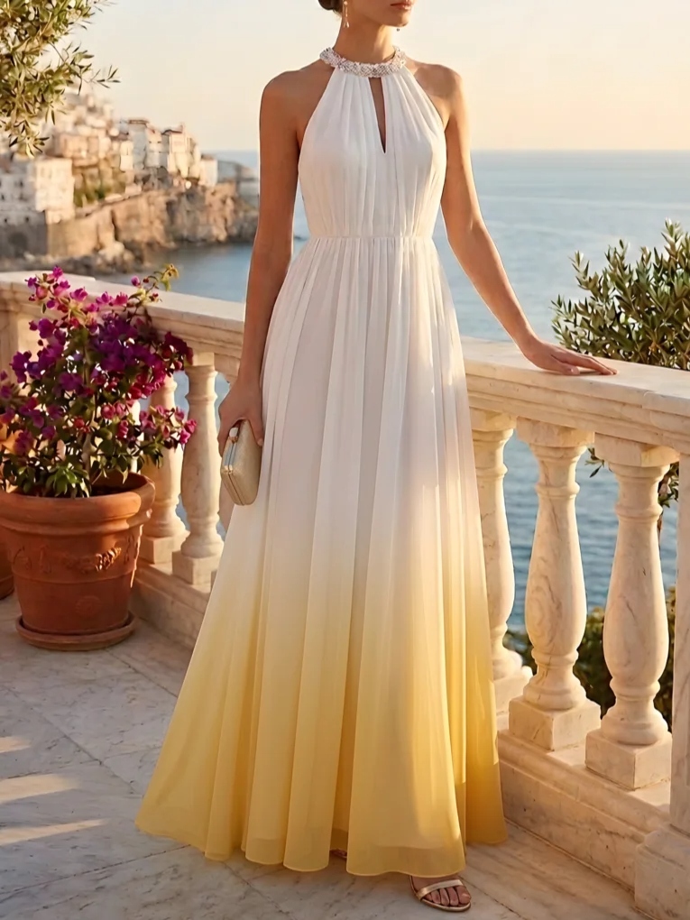 Pink Ombre Halter Maxi Dress Pleated Wedding Guest Gown for Beach & Summer Parties