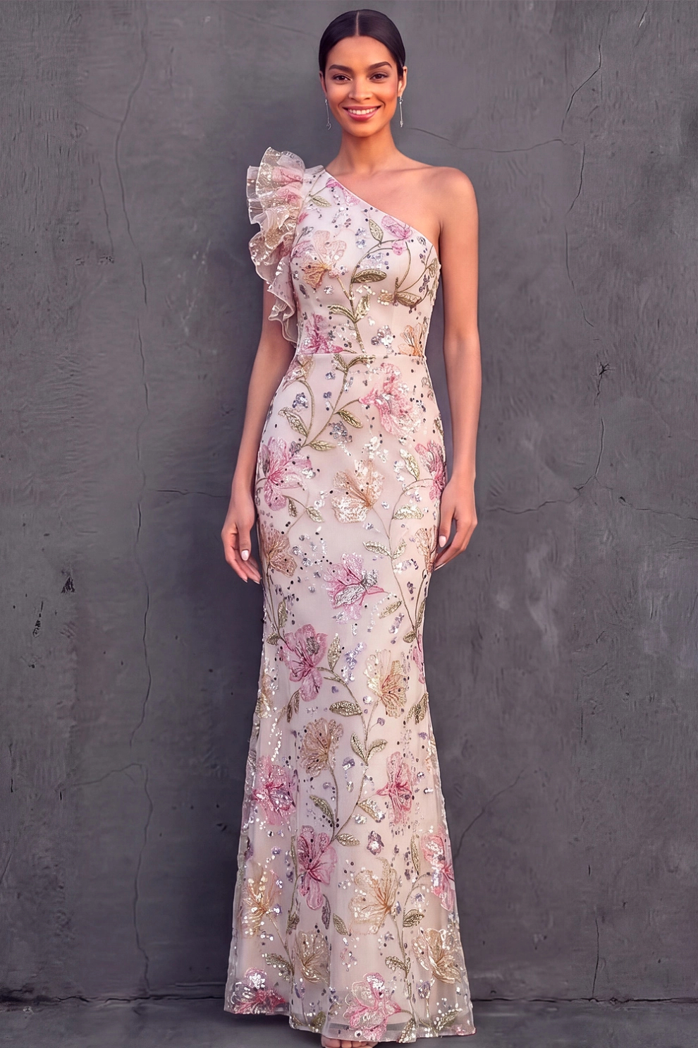 Light Pink Mermaid One Shoulder Floral Satin Maxi Dress