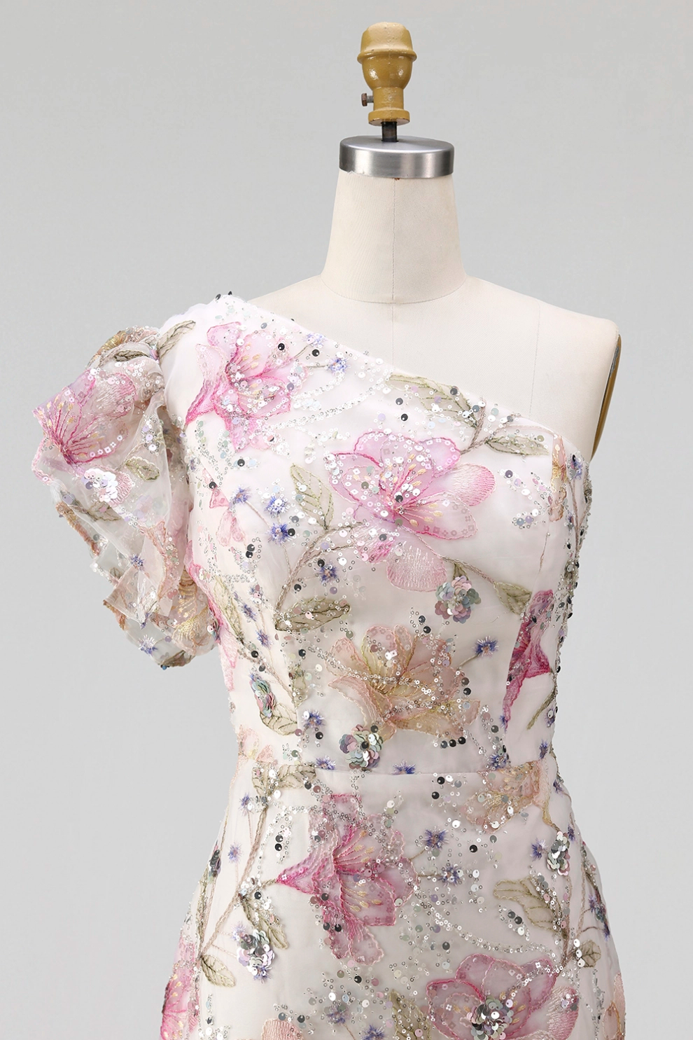 Light Pink Mermaid One Shoulder Floral Satin Maxi Dress