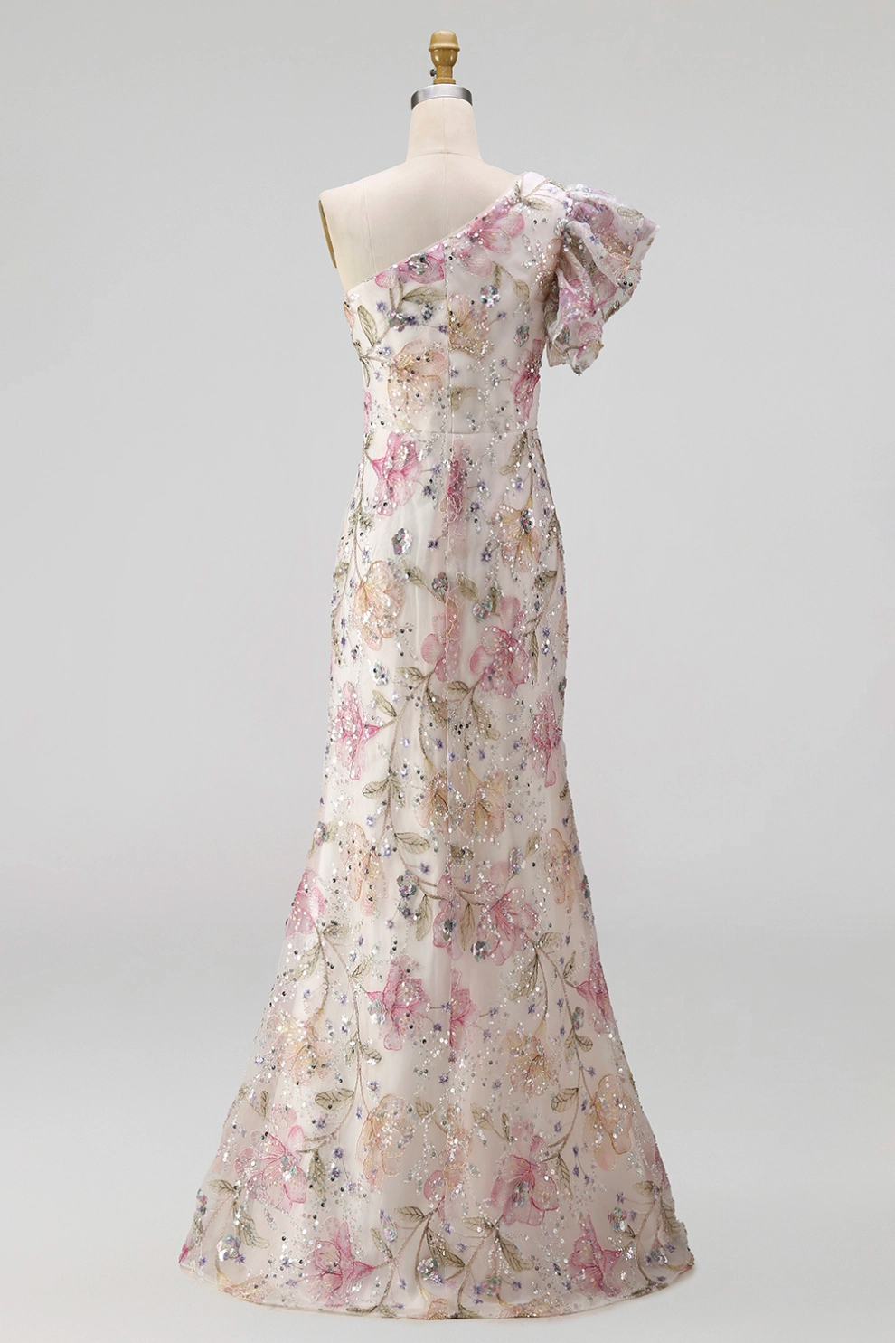 Light Pink Mermaid One Shoulder Floral Satin Maxi Dress