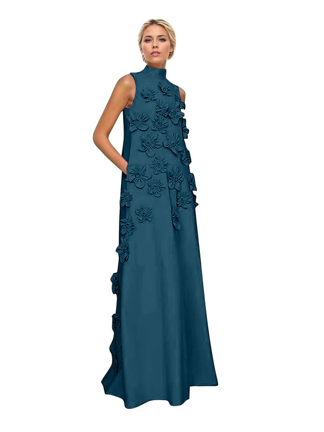 A Line High Neck Sleeveless Floor Length Stretch Crepe Dress With 3D Flowers
