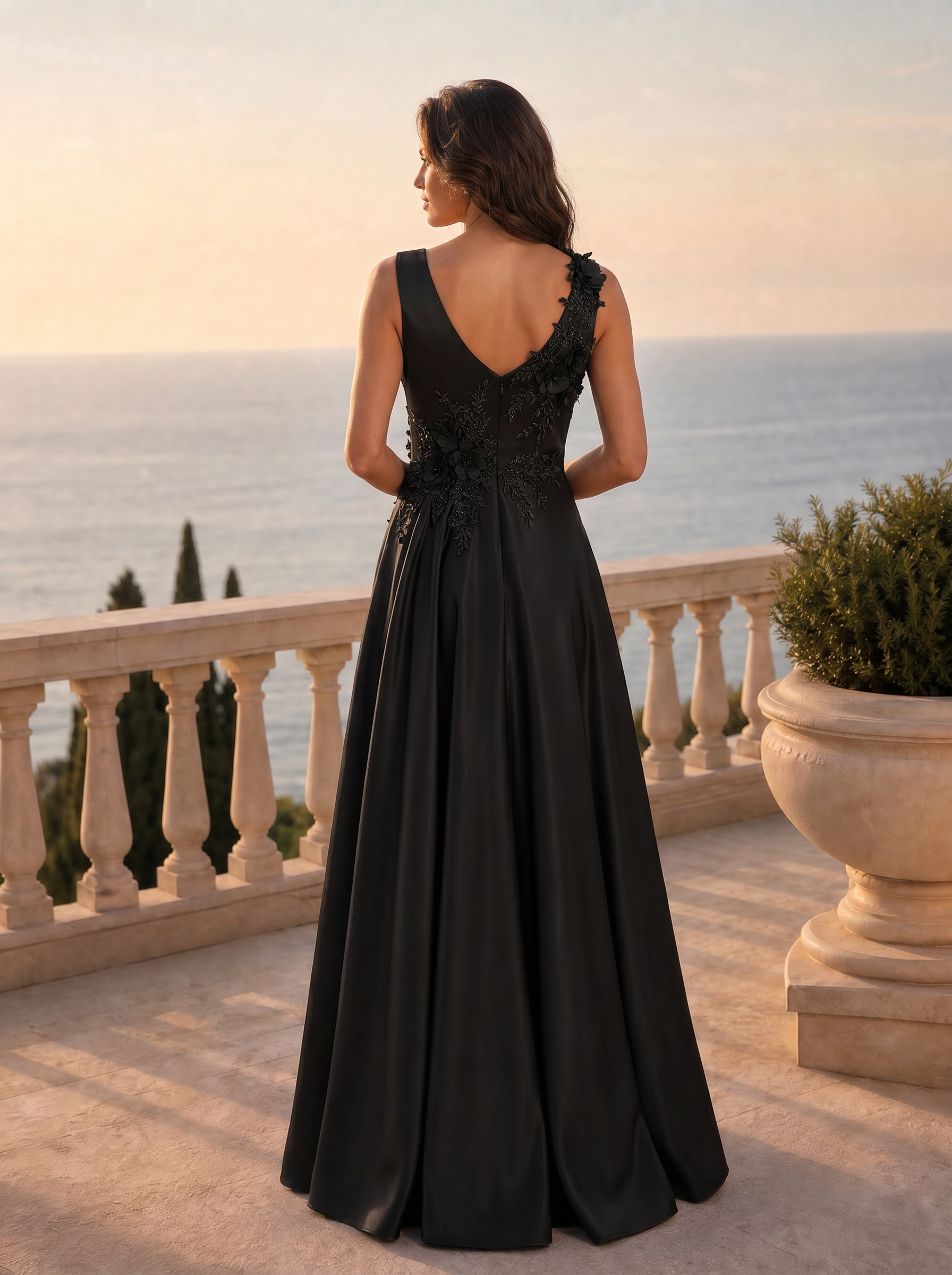 Black Sleeveless Lace Floral Appliqued A Line Maxi Dress
