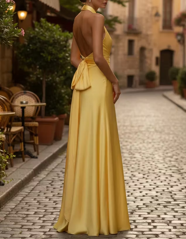 Golden Yellow Satin Halter Neck Fitted Waist A-line Maxi Dress