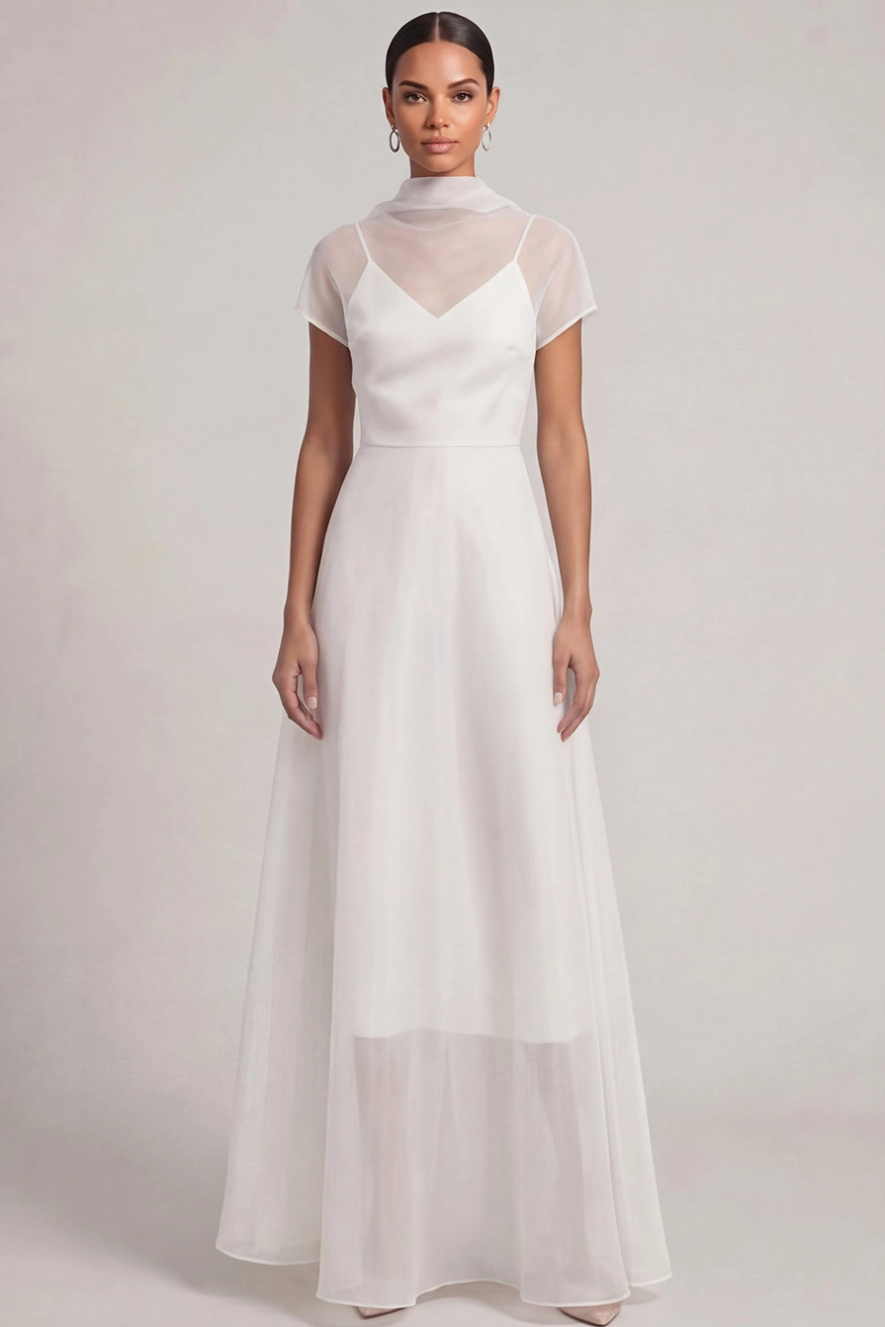 A-Line High Neck Illusion Short Sleeves Maxi Dress