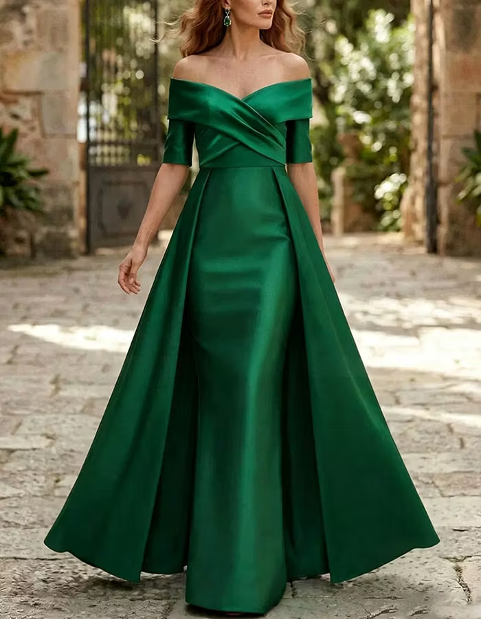 Emerald Green Satin Off-the-Shoulder Maxi Dress
