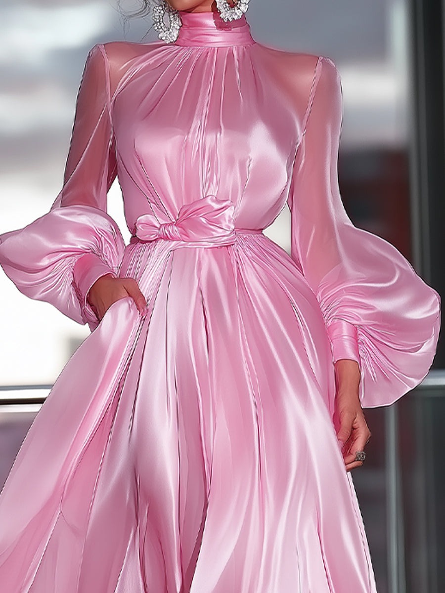 Pink High-Neck Satin Maxi Dress