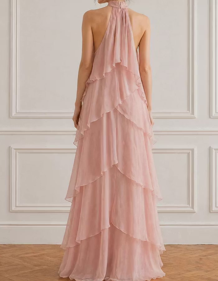 Flesh Pink Chiffon Halter Tiered Ruffle Maxi Dress