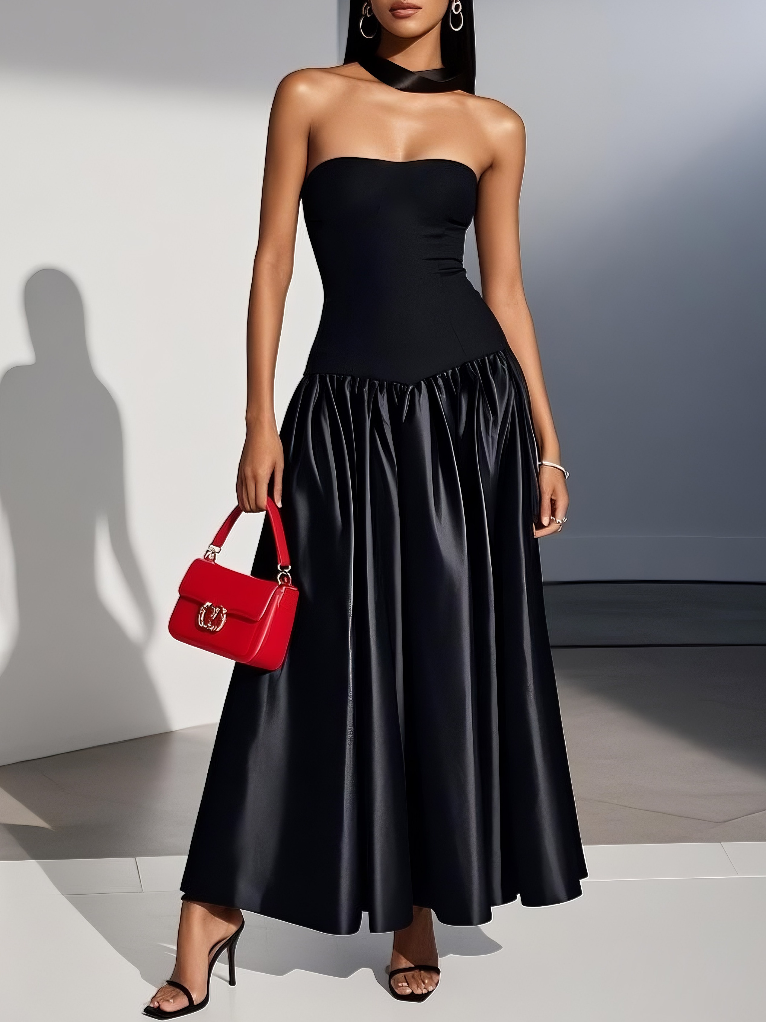 Black Split Joint Satin Strapless Sleeveless A-Line Maxi Dress