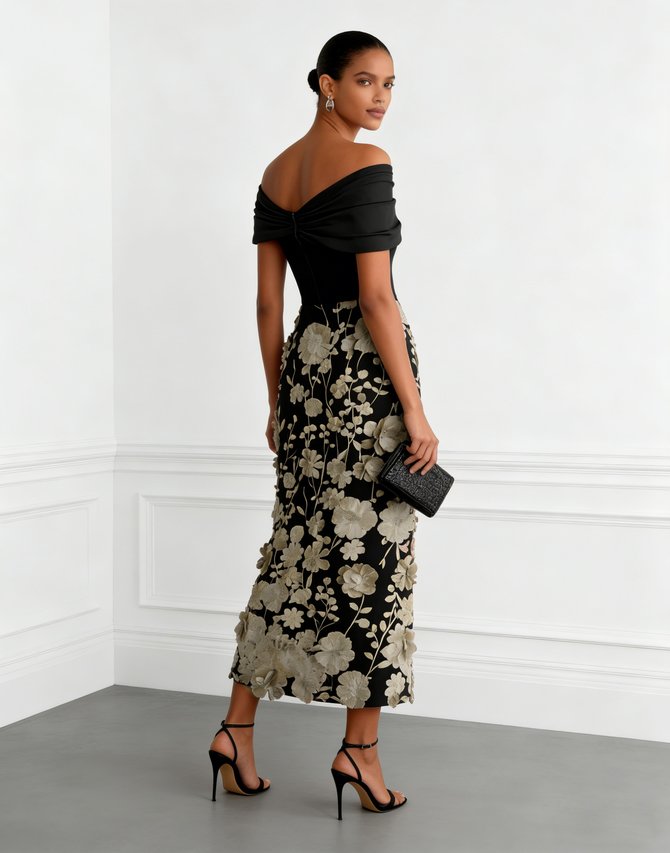Black 3D Floral Classic Off The Shoulder Short Sleeve Sheath Midi Dress