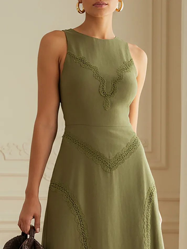 Maxi Linen Dress, Sleeveless, Round Neck, Plain, Lace, Vintage, Green