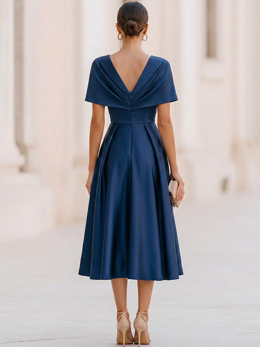 Satin Shawl-Style Twisted Sleeves Midi Dress