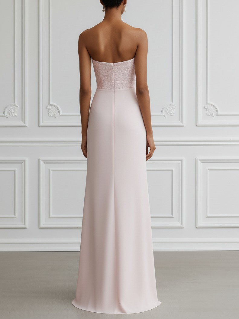 Pink Ruched Slit Knit Strapless Sleeveless Bodycon Gown Dress