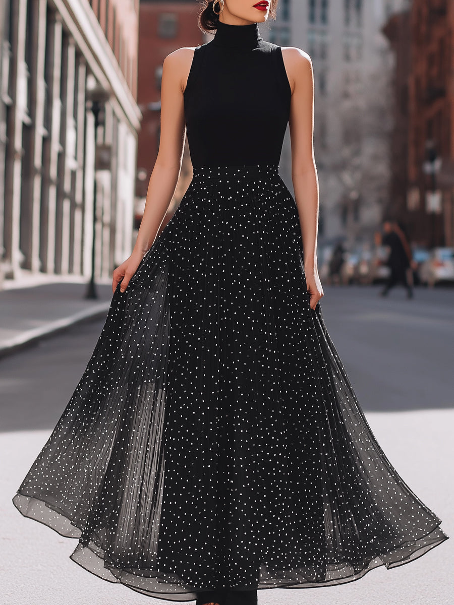 Black Sleeveless High-Neck Polka Dot Chiffon Maxi Dress