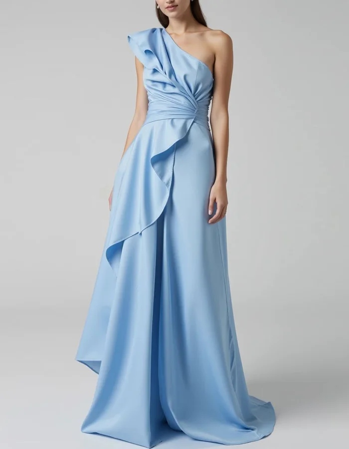 One-shoulder Pleated Satin Asymmetrical Ruffle Maxi Dress
