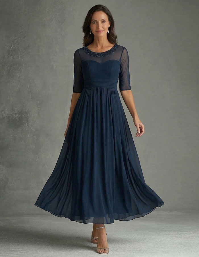 Navy Blue Mesh Sequined Waist Maxi Dress