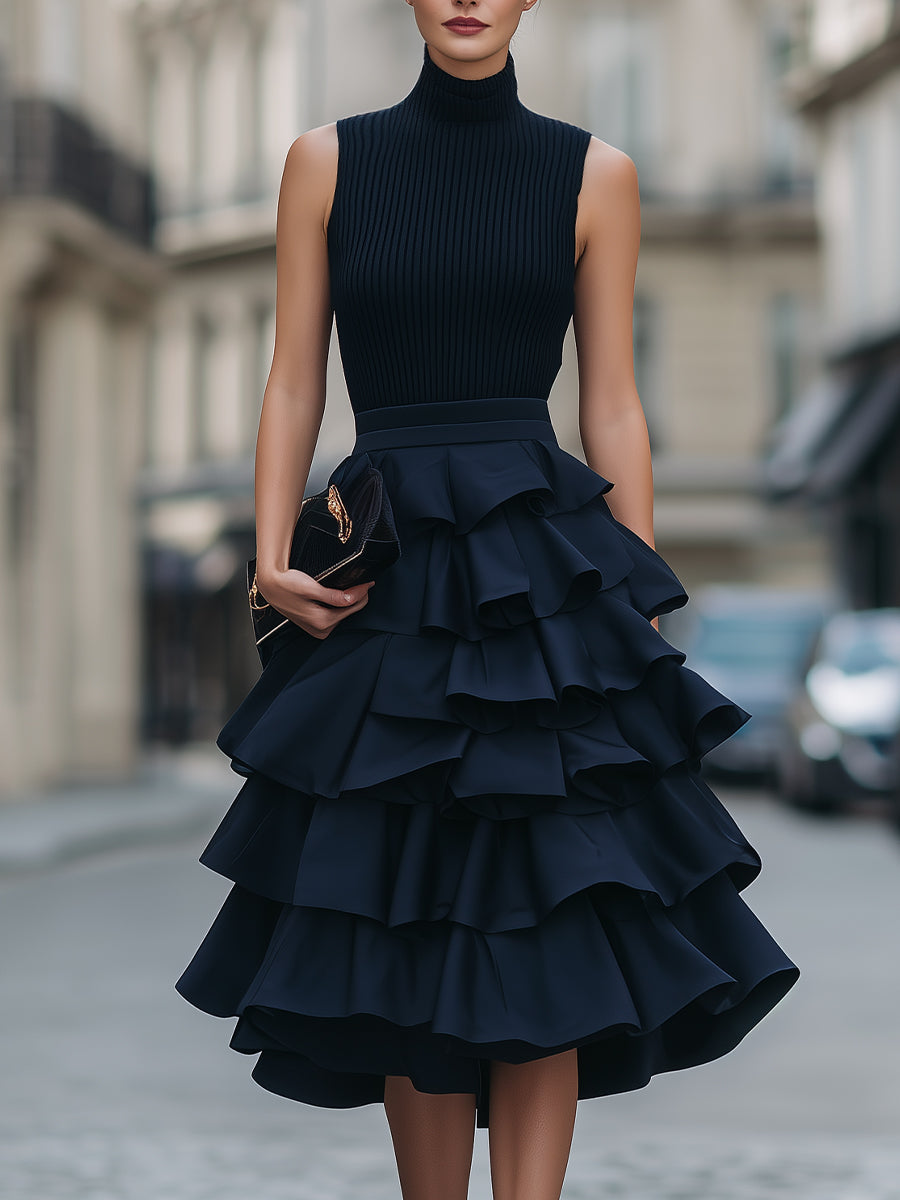 Sleeveless High Neck Tiered Ruffle Midi Dress
