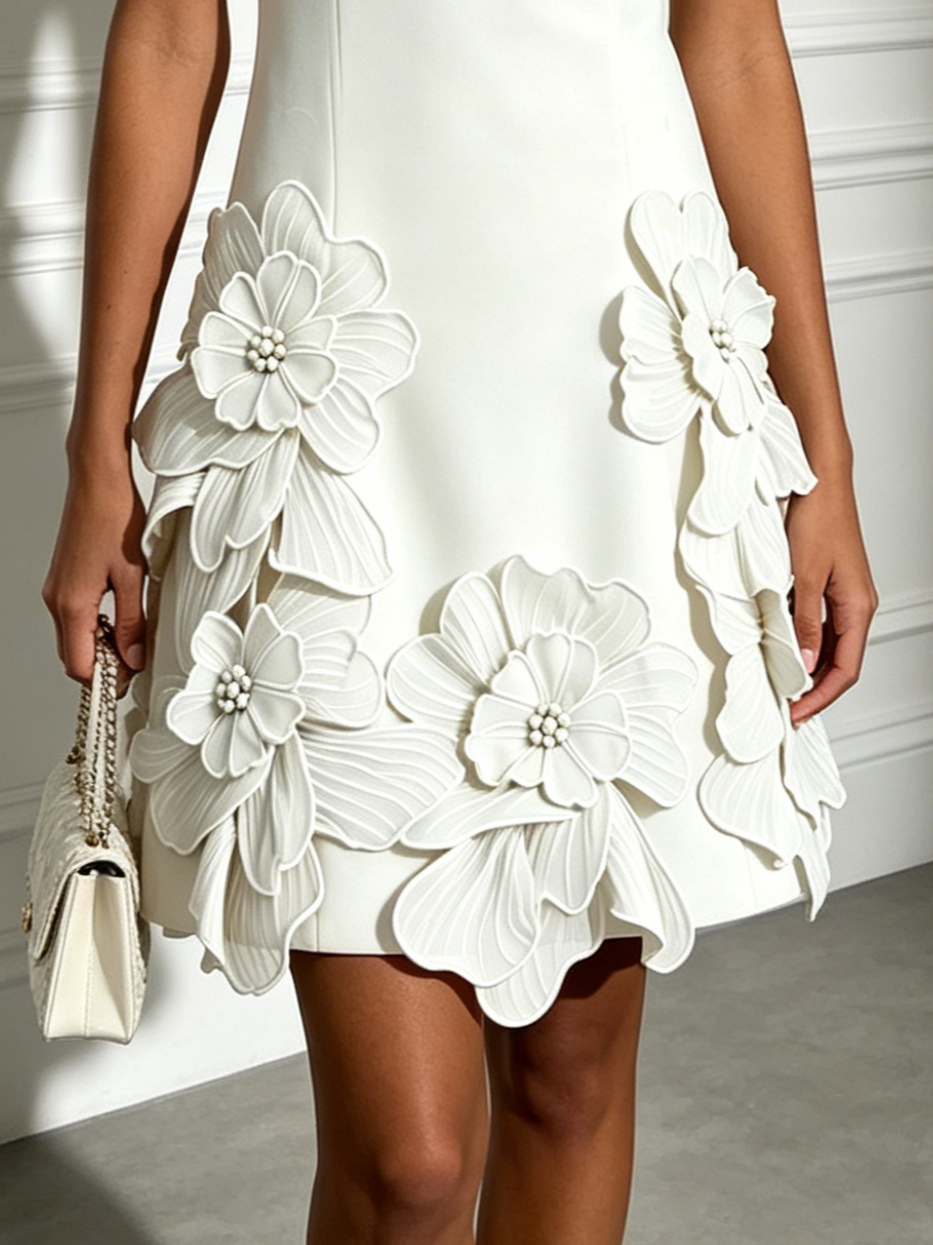 White 3D Floral Pearl Classic Boat Neck Sleeveless A-Line Mini Dress