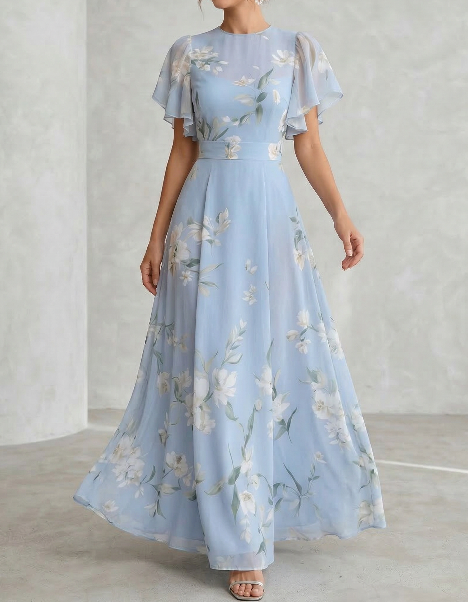 Light Blue Chiffon Round Neck Ruffle Print Maxi Dress