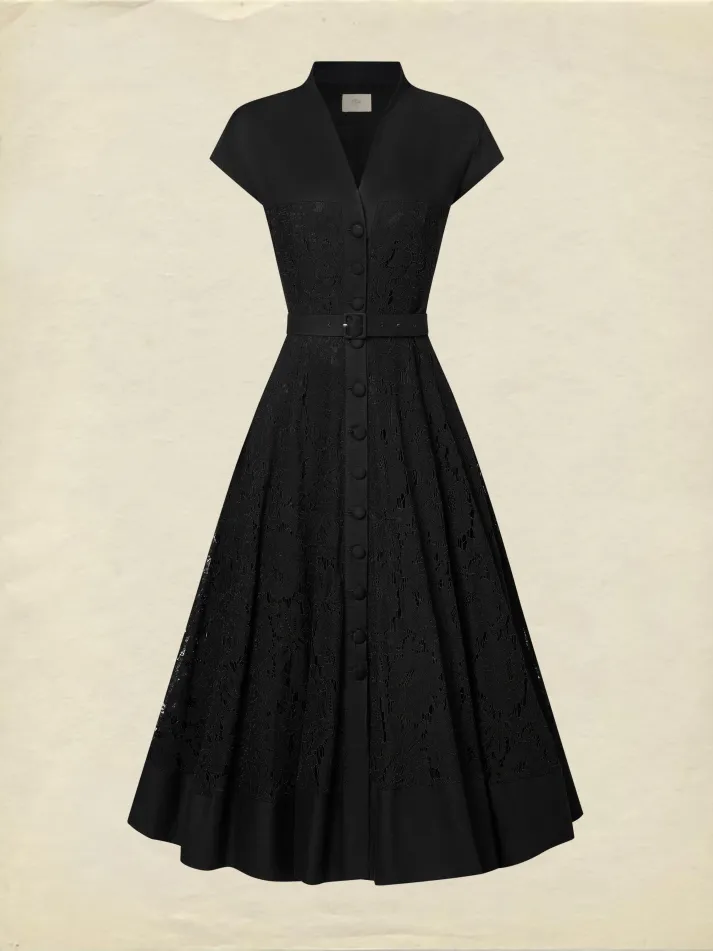 Midi Linen Dress, Sleeveless, V Neck, Lace, Button Design, French Vintage, Black