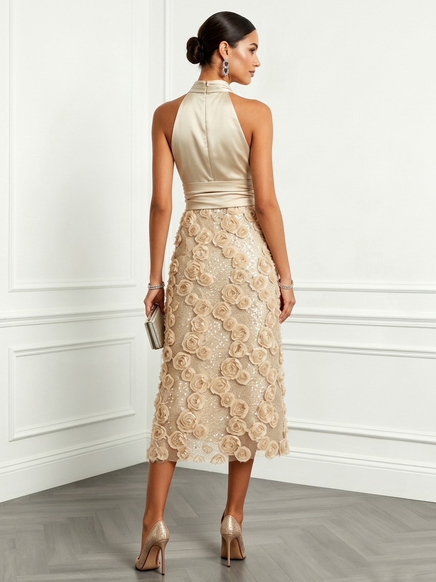 Champagne 3D Floral Sleeveless A-Line Midi Dress