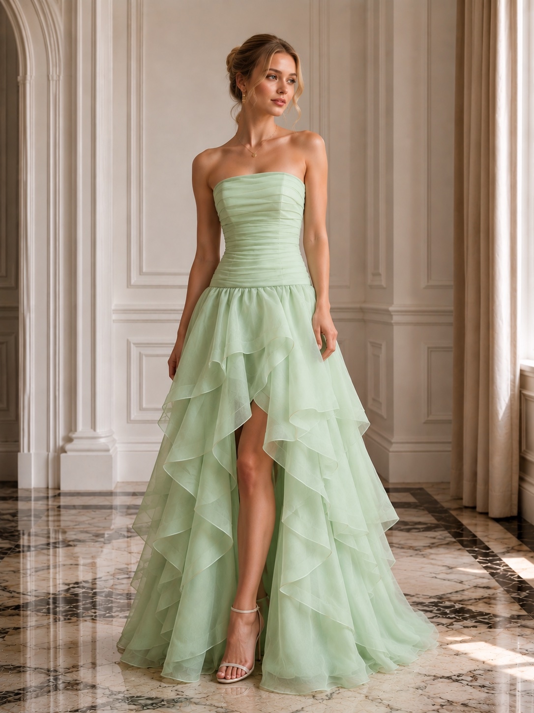 Pastel Green Strapless High Low Ruffle Layered Organza Skirt Evening Dress