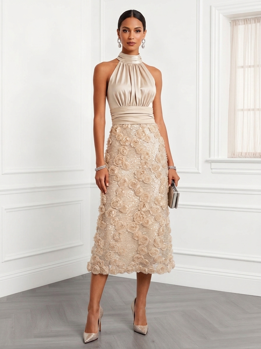 Champagne 3D Floral Sleeveless A-Line Midi Dress