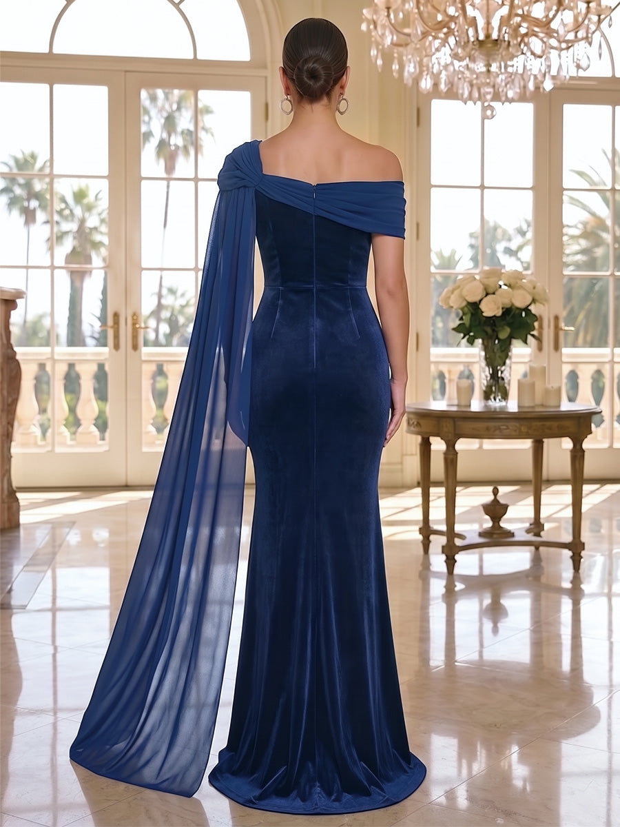 Royal Blue Velvet Off-the-Shoulder Evening Dress with Sheer Chiffon Cape