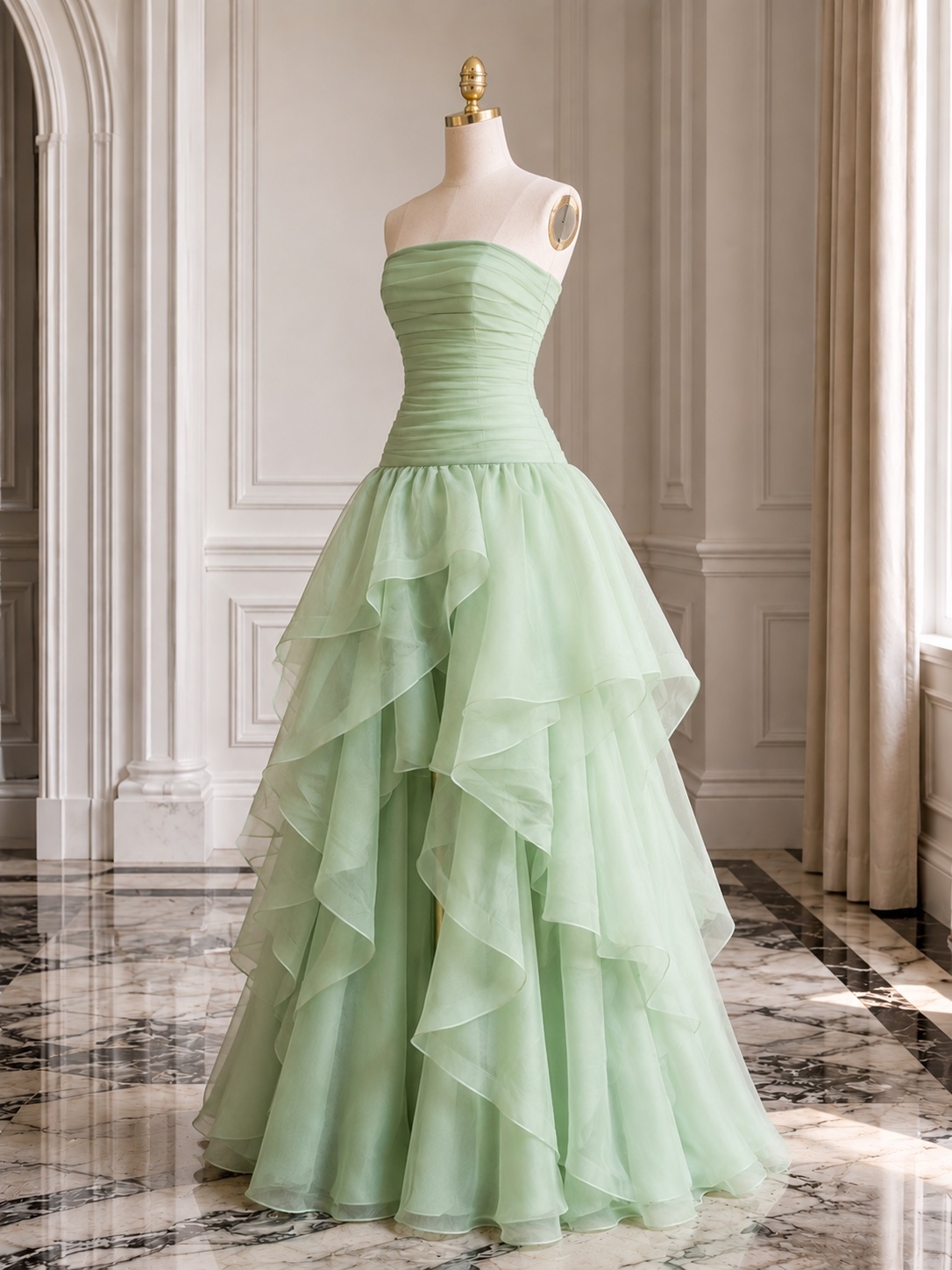 Pastel Green Strapless High Low Ruffle Layered Organza Skirt Evening Dress