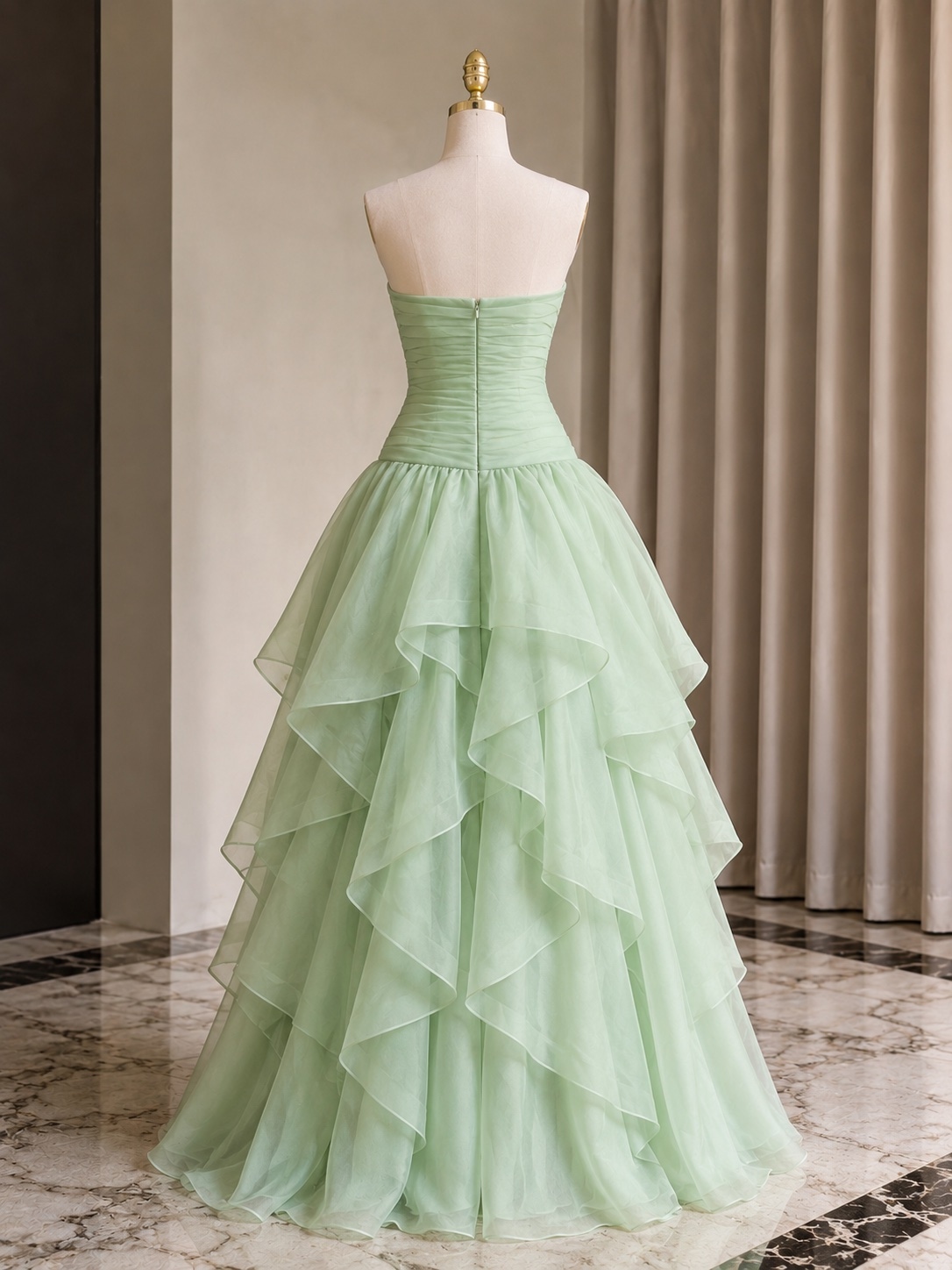 Pastel Green Strapless High Low Ruffle Layered Organza Skirt Evening Dress