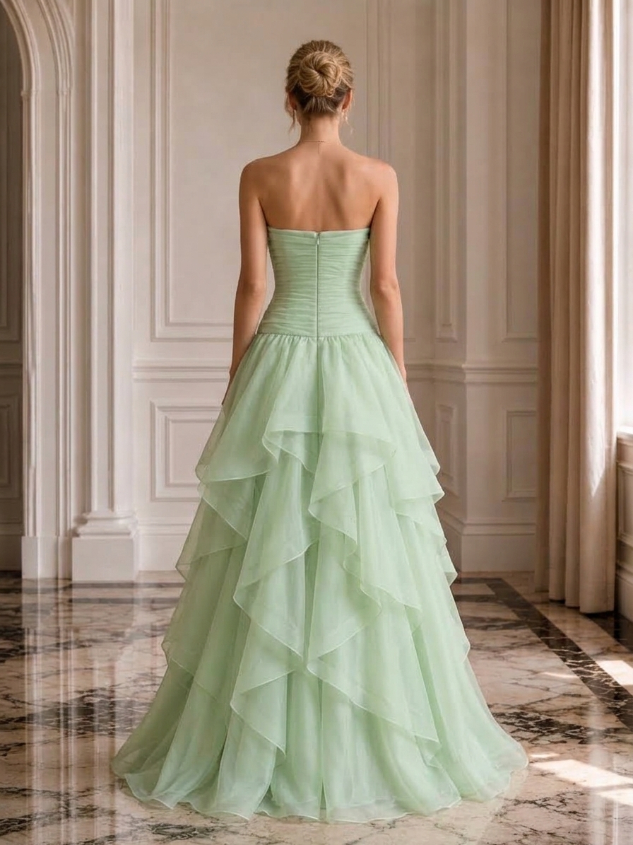 Pastel Green Strapless High Low Ruffle Layered Organza Skirt Evening Dress