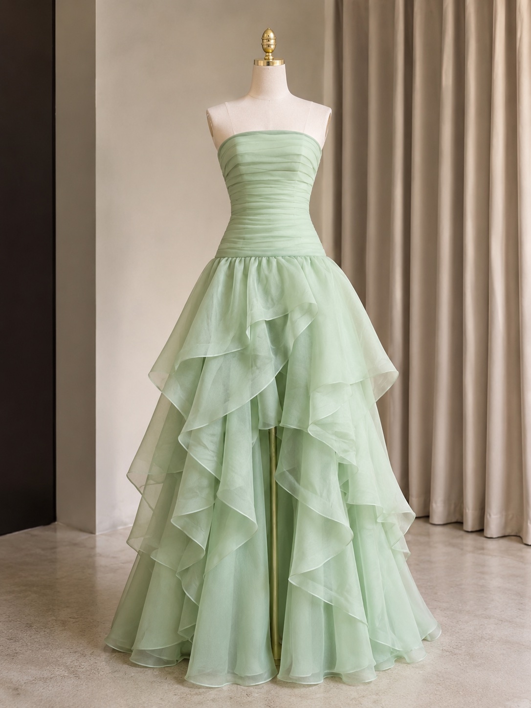 Pastel Green Strapless High Low Ruffle Layered Organza Skirt Evening Dress