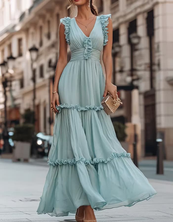 Sage Green Ruffled V-Neck Tiered Chiffon Dress