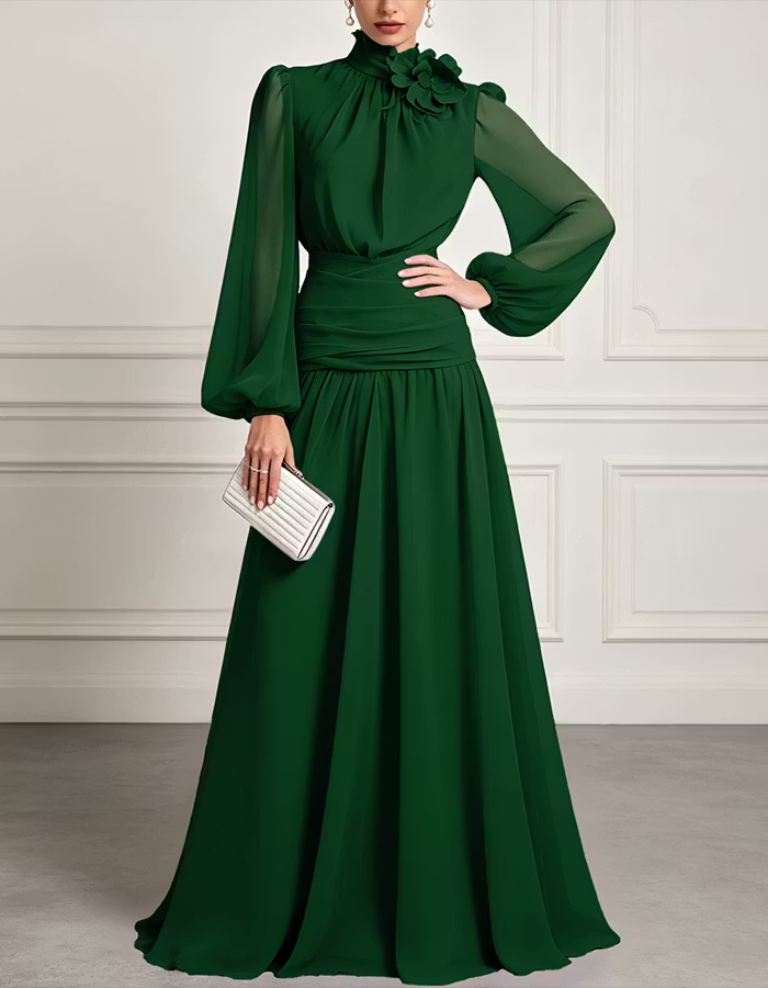 High-Neck Chiffon A-Line Maxi Dress